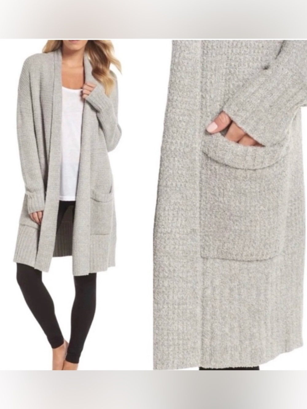 Barefoot Dreams Grey/Taupe CozyChic Lite Knit Cardigan Sweater with Pockets